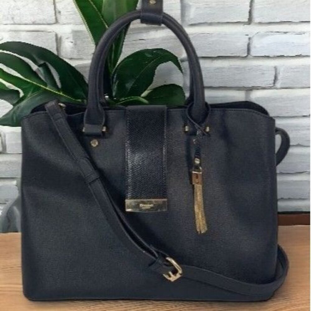 Dune London Black Faux Leather Large Satchel Bag, Gold Hardware, 14”x10”